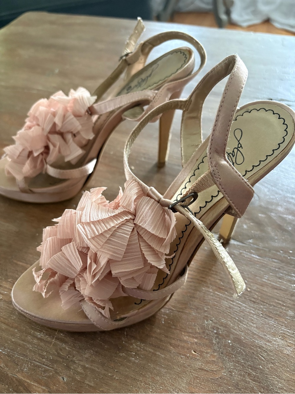 Blush Pink Ruffle Slingback Heels with Floral Pom Detail. Size 6.5